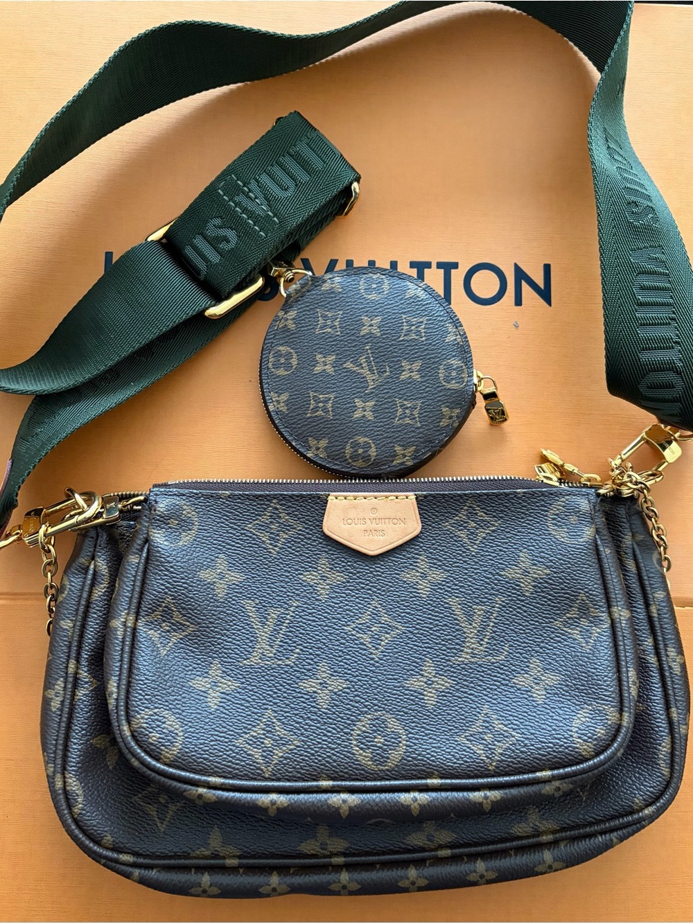 Louis Vuitton Monogram Triple Pochette Crossbody in Brown with Green Strap